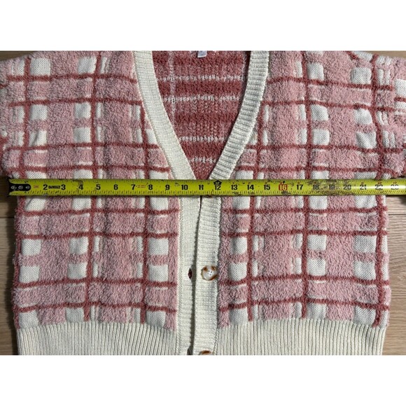 LC Lauren Conrad Women's XL Pink White Fuzzy Knit Button Cardigan Sweater Cozy - Picture 5 of 10